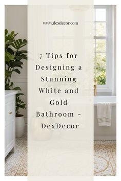 7 Tips for Designing a Stunning White and Gold Bathroom - DexDecor background of a stylish bathroom with plants. White And Gold Modern Bathroom, White Bathroom Vanity With Gold Hardware, White And Gold Spa Room, White Bathroom With Gold Fixtures, White And Gold Bathroom Ideas, Brushed Gold Bathroom Fixtures, Gold Hardware Bathroom, Bathroom With Gold Accents, Gold Wallpaper Bathroom