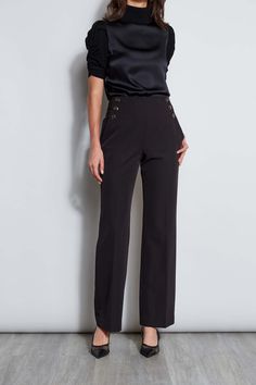 Our straight leg pant is detailed with metal button trim. The side zipper closure lends a sleek finish - perfect for work or dinner. Crepe Button Straight Leg Pants 90% Polyester, 10% Spandex Runs true to size. Model is 5'9" and wearing size 2 Machine Wash Imported Style #: ETR44219 Button Pants, Straight Leg Pant, Jumpsuit Jacket, Long Sleeve Short Dress, Knit Tees, Denim Coat, Knit Jacket, Cardigan Jacket, Skirts For Sale