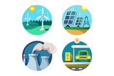 four circular icons depicting different types of power plants, wind turbines and solar panels in the background