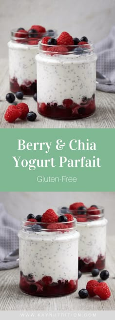 berry and chia yogurt parfait in jars with berries on top