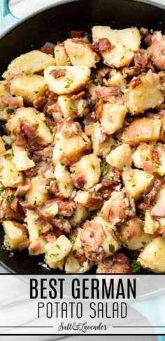 a cast iron skillet with potatoes and text overlay that reads best german potato salad Best German Potato Salad, Special Salad, German Potato Salad Recipe, Warm Potato Salads, Bacon Potato Salad, German Potato, German Potatoes, German Potato Salad