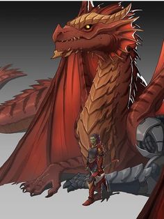 a red dragon standing next to a man in front of a giant creature with two swords