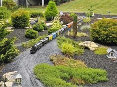 a toy train traveling through a lush green forest filled with trees and shrubs on top of gravel