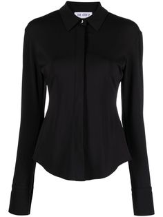 black stretch-jersey classic collar concealed front button fastening long sleeves cuff sleeves fitted waistline curved hem Black Button Down, Black Button Up, Black Long Sleeve Shirt Outfit, Long Sleeve Button Up Shirt Outfit, Black Dress Shirt Women, Dark Blouse, Fitted Button Up Shirt, Black Fitted Shirt, Long Sleeve Shirt Outfits