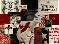 a collage of various items including a red guitar, telephone booth and other things