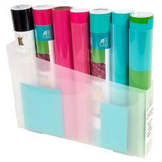 several different colored papers in a clear holder