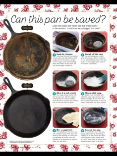 an old cast iron skillet is shown with instructions for how to cook it and how to use it