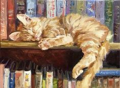 a painting of a cat sleeping on top of a book shelf with books behind it