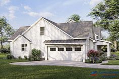 this is an artist's rendering of the country style house plan with two car garages