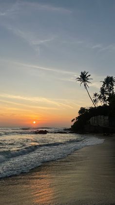 the sun is setting over the ocean with palm trees