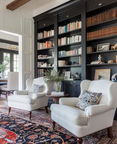 a living room filled with furniture and bookshelves next to a large rug on the floor