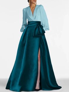 A-Line Evening Gown Elegant Dress Formal Wedding Guest Sweep / Brush Train Long Sleeve V Neck Satin with Pleats Slit 2024 2024 - $137.99 Green Dress Long Sleeve, Green Dress Long, Red Green Dress, Train Christmas, Gown Elegant, Georges Chakra, Sparkly Prom Dresses, Floral Prom Dresses, Apostolic Fashion