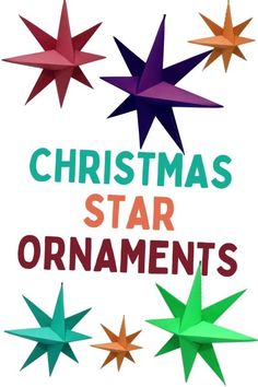 the words christmas star ornaments are in red, green and purple stars on a white background