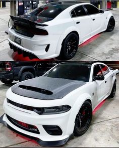 two pictures of the same white car in different stages of being painted with black and red stripes