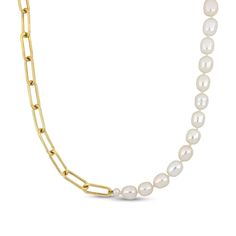 Show your playful side with this distinctive pearl necklace. Created in sterling silver with 18K gold plate, this unique style features luminous 4.0-7.5mm baroque-shaped cultured freshwater pearls and polished paper clip-shaped links in a half-and-half design. Buffed to a brilliant luster, this 17.0-inch necklace secures with a lobster claw clasp. Link Chain Zales, Gold Pearl Necklaces With Cable Chain, Gold Pearl Necklace With Cable Chain, Yellow Gold Pearl Necklace With Chain, Gift Yellow Gold Pearl Necklace With Chain, Yellow Gold Pearl Necklace Chain As Gift, Gold Single Strand Pearl Necklace Fine Jewelry, Gold Single Strand Pearl Necklace, Elegant Gold Pearl Necklace With Cable Chain