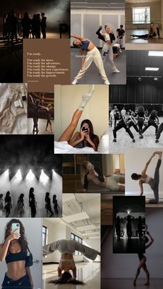 the collage shows many different images of people in black and white, with one woman dancing