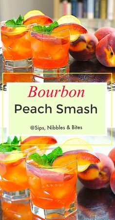 bourbon peach smash cocktails with fresh peaches and mint garnish on the side