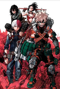 some anime characters are standing together in front of red and black ink art work on paper