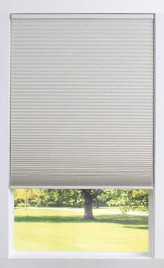 a large window with an open cellular shade on it's side and a tree in the background