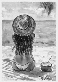 a drawing of a woman sitting on the beach with a coconut in front of her