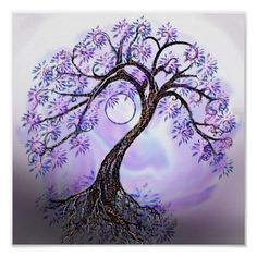 a painting of a tree with the moon in the sky above it and purple background