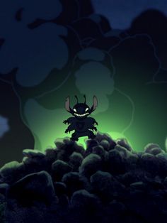 a cartoon character standing on top of a pile of rocks in front of a green light