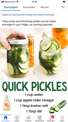 an advertisement for pickles and cucumbers in a mason jar with the caption quick pickles