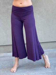 caraucci women's plant-based rayon jersey cropped purple wide leg pants #color_plum Cropped Flare Pants, Flare Pant, Lycra Fabric, Cropped Flares, Draped Fabric, Cooler Weather, Dress With Boots, Flare Pants, Effortless Style