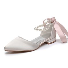 Champagne Elegant Satin Wedding Shoes With 4-inch Heel, Champagne Wedding Shoes With 4-inch Heel, White Pointed Toe Wedding Shoes With 4-inch Heel, Champagne Heels With 4-inch Pointed Toe, Elegant High Heels, Satin Heels, Ribbon Tie, Bridal Shoes, Chunky Heels