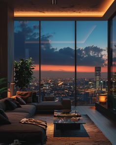 a living room filled with furniture and large windows overlooking the city at sunset or dawn