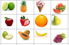 an array of fruits and vegetables are arranged in squares