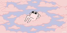 a cartoon character floating in the sky with clouds and sun glasses on his head, looking up