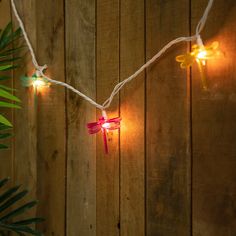 some lights are hanging on the side of a wooden wall with dragonflies attached to them