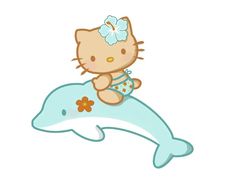 a hello kitty sitting on top of a dolphin with a flower in its hair and wearing a diaper