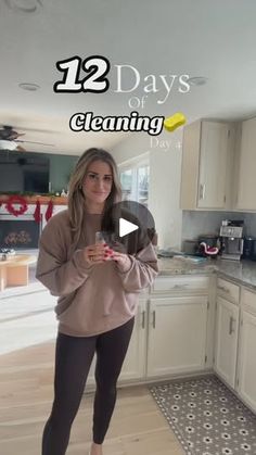 a woman standing in a kitchen with the words 12 days of cleaning