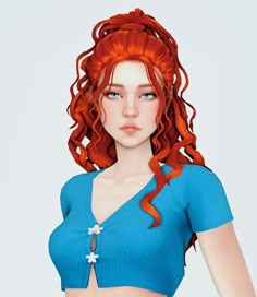 an animated woman with red hair and blue top is standing in front of a white background