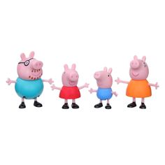 three peppa pig figurines standing in front of each other