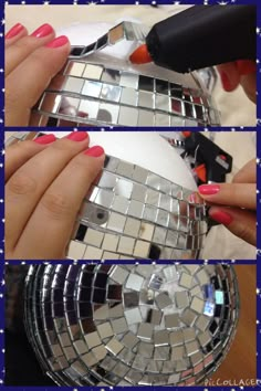 a collage of photos showing how to make a disco ball mirror effect decoration with nail polish