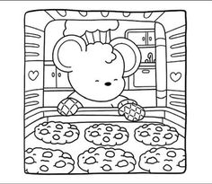 a black and white drawing of a mouse in a oven with cookies on the table