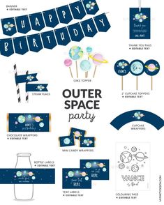 space party printables for a birthday party Sun Birthday Decorations, Christmas Party Printables, Space Party Decorations, Boys 1st Birthday Party Ideas, Halloween Party Printables, Space Theme Party