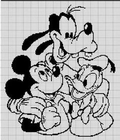 the mickey mouse and pluto cross stitch pattern is in black and white, with an image of