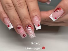 Xoxo Gossip Girl, Vday Nails, Xoxo Gossip, Acrylic Toe Nails, Kiss Nails, Nail Designs Valentines, Gem Nails