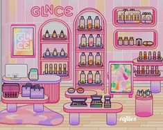 an illustration of a store with pink walls and shelves filled with bottles, bags, and other items