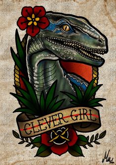 a drawing of a dinosaur with flowers on it's head and the words clever girl