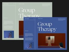 three brochures with the words group therapy in white and blue font on them