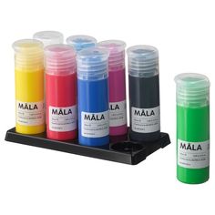 several different colored inks are shown in this image, including one with the word mala on it