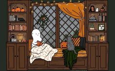 a room filled with furniture and lots of halloween decorations on the window sill next to a bookshelf