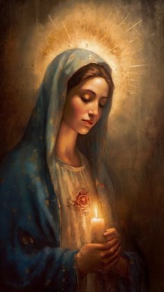 the immaculate mary holding a lit candle