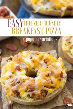 a bagel with cheese and bacon on it is shown in front of the words 15 minute make ahead breakfast pizza