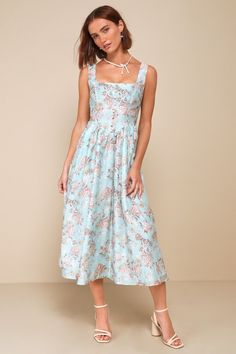 It's easy to fall in love with a look as cute as the Lulus Darling Adoration Light Blue Floral Midi Dress With Pockets! Lightweight woven fabric, with a sweet floral print and subtle texture throughout, shapes wide tank straps that support a corset-style bodice with a square neckline, decorative buttons at the front, and a Basque waist. Flaring A-line skirt has side seam pockets and ends at a midi hem. Hidden zipper/clasp at back. Fit: This garment fits true to size. Length: Mid-calf length. Siz Cute Midi Dresses Casual, Blue Wedding Guest Dresses, Basque Waist, Midi Dress With Pockets, Blue Floral Midi Dress, Casual Formal Dresses, Beach Wedding Guest Dress, Corset Midi Dress, Dresses With Pockets